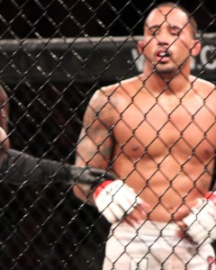 Webb standing across the cage from opponent. 